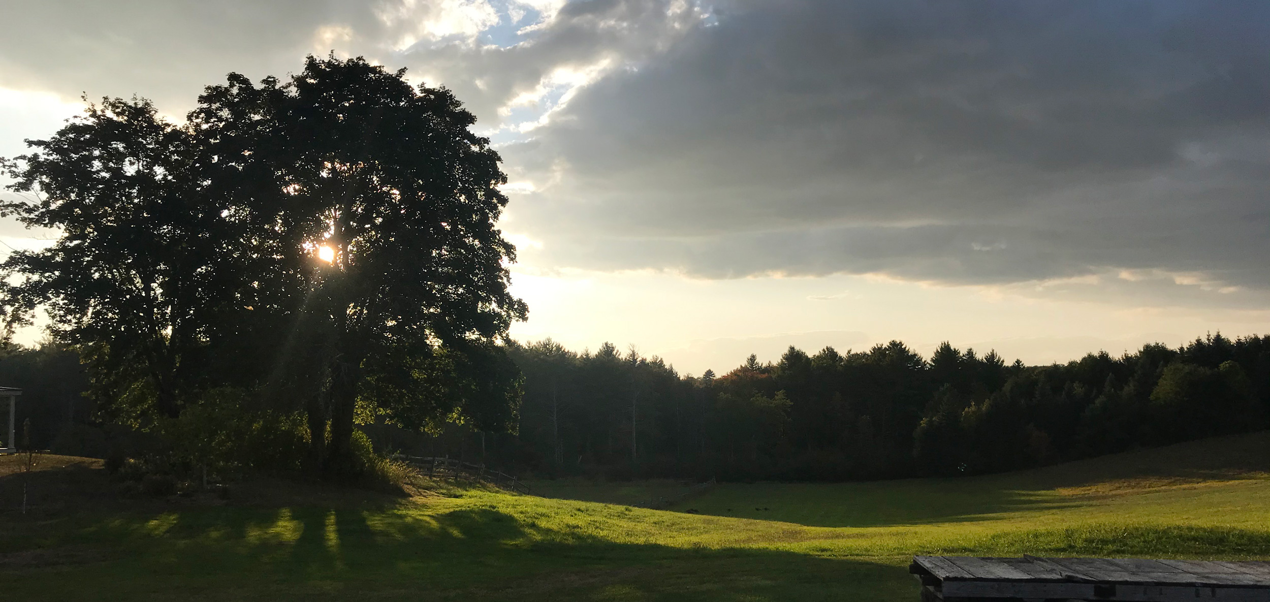 field and indoor arena photo at sunset