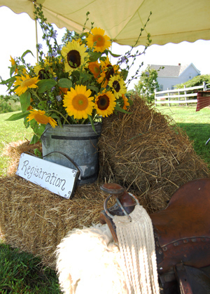 flowers and registration sign